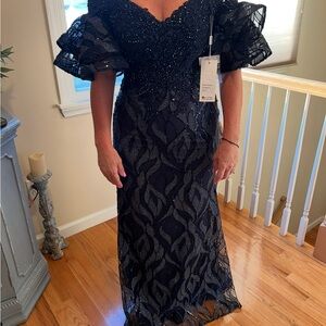 Beaded Black Maxi Dress with Ruffle Short Sleeves